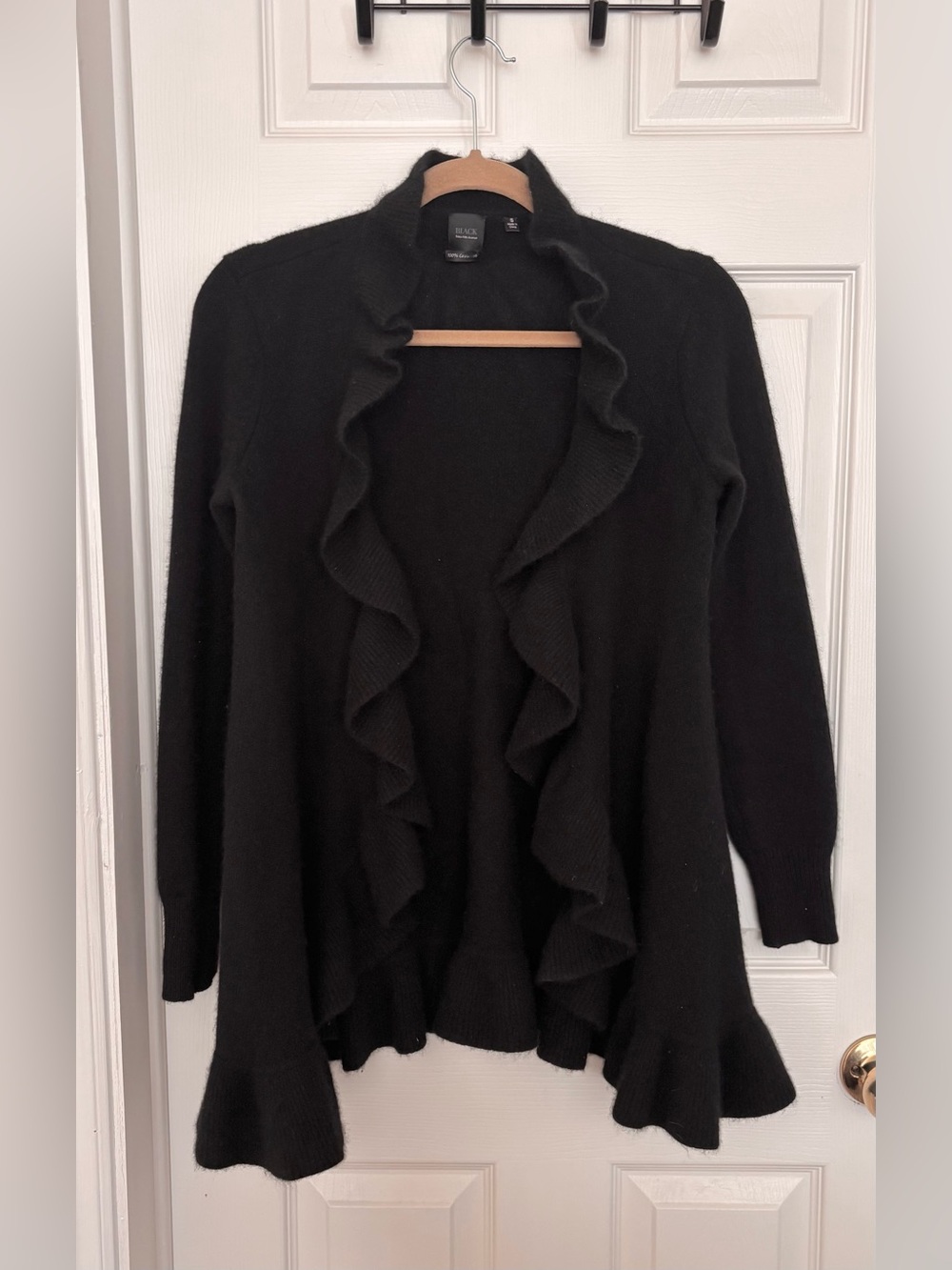 100% Cashmere Saks Fifth Avenue Black Ruffled Open-Front Cardigan